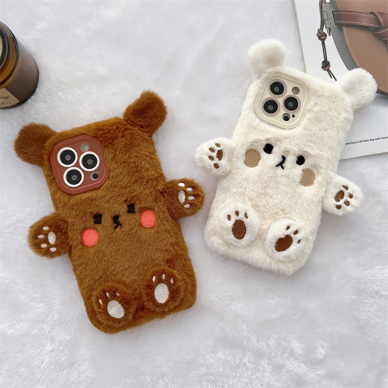 Phone Cases Iphone 16 Pro Max - Korean 3D Cartoon Bear Fluffy Plush