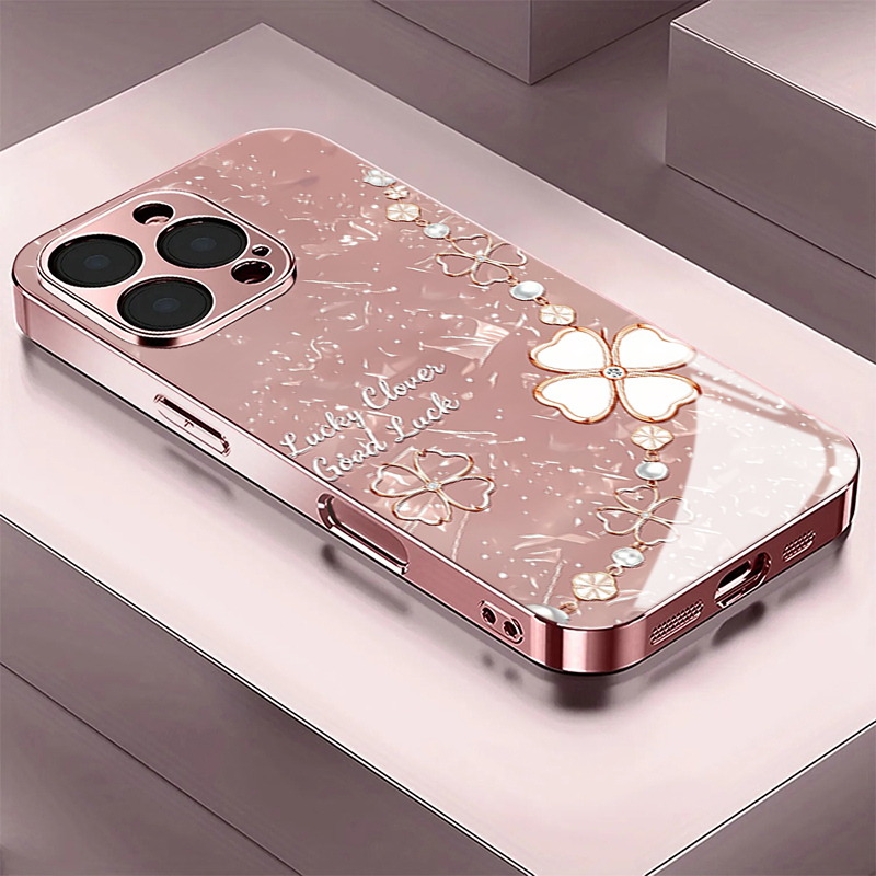 Phone Cases Vogue - Vogue Pink Gold Clover Tempered Glass